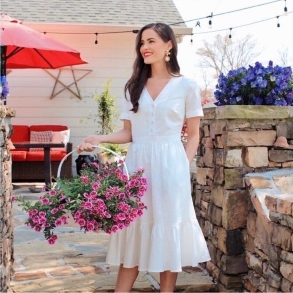 Gal Meets‎ Glam White 100% Linen Angela Dress Size 2 Midi Button Ruffle Boho NWT